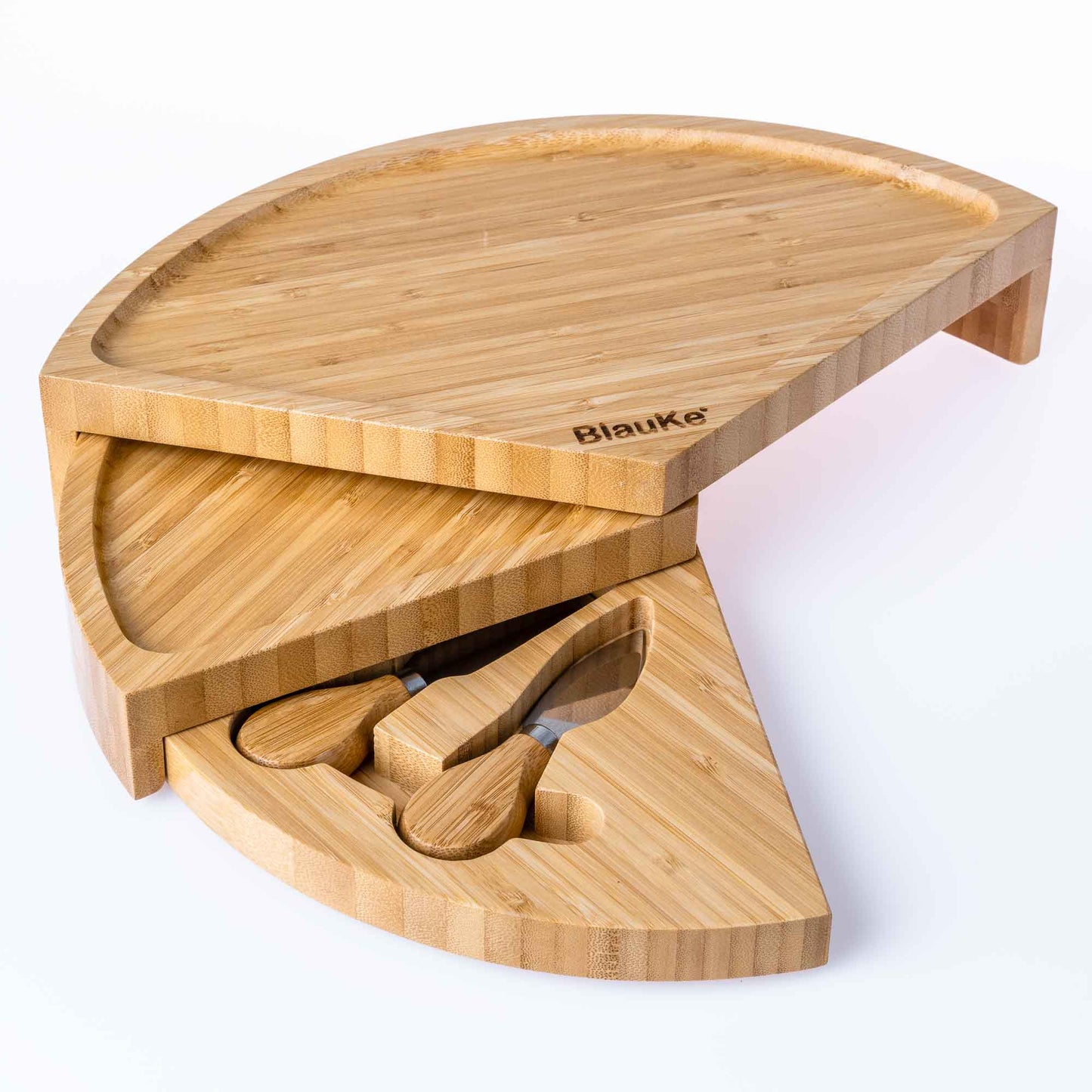 Bamboo Cheese Board and Knife Set - 14 Inch Swiveling Charcuterie Board with Slide-Out Drawer - Cheese Serving Platter, Round Serving Tray-11