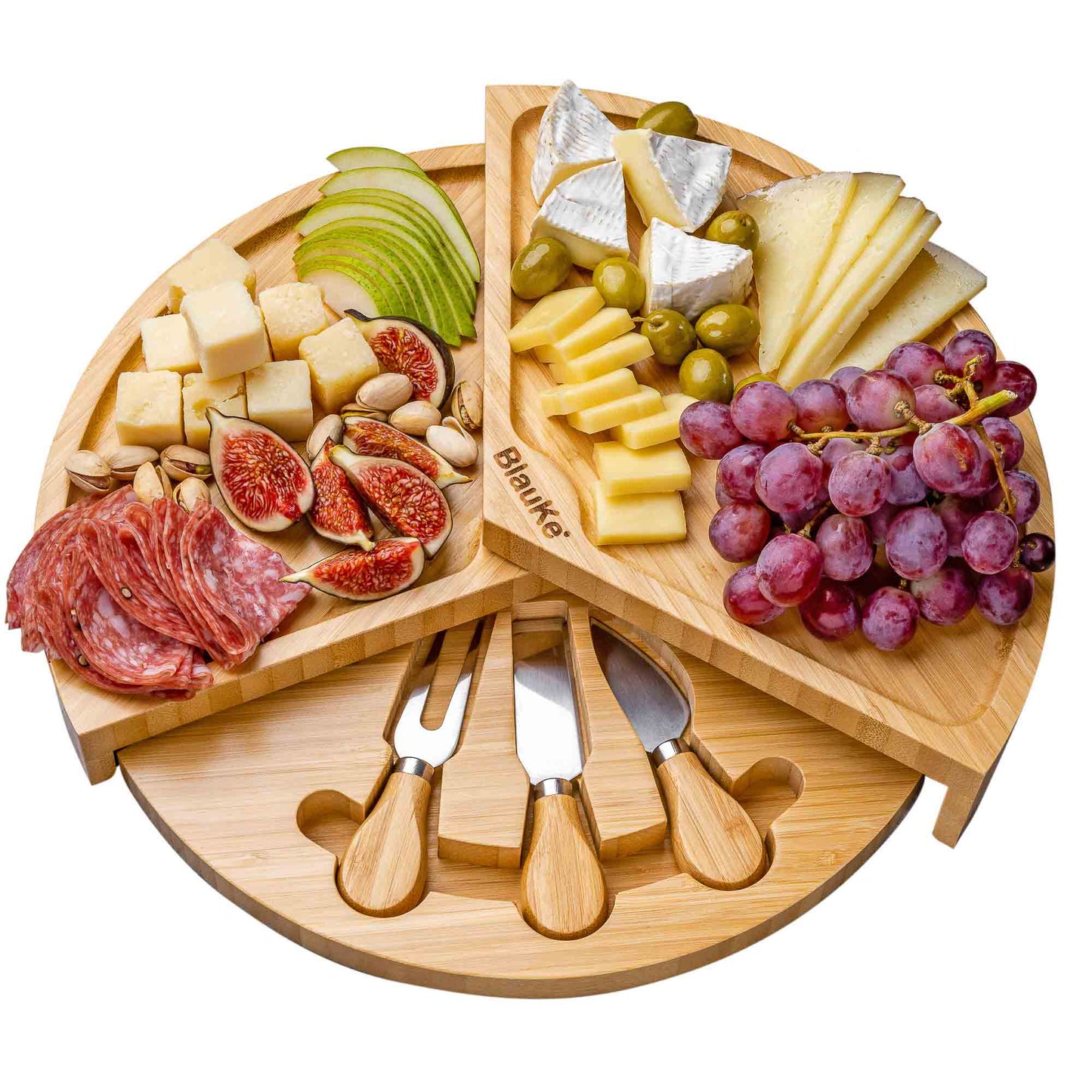 Bamboo Cheese Board and Knife Set - 14 Inch Swiveling Charcuterie Board with Slide-Out Drawer - Cheese Serving Platter, Round Serving Tray-0