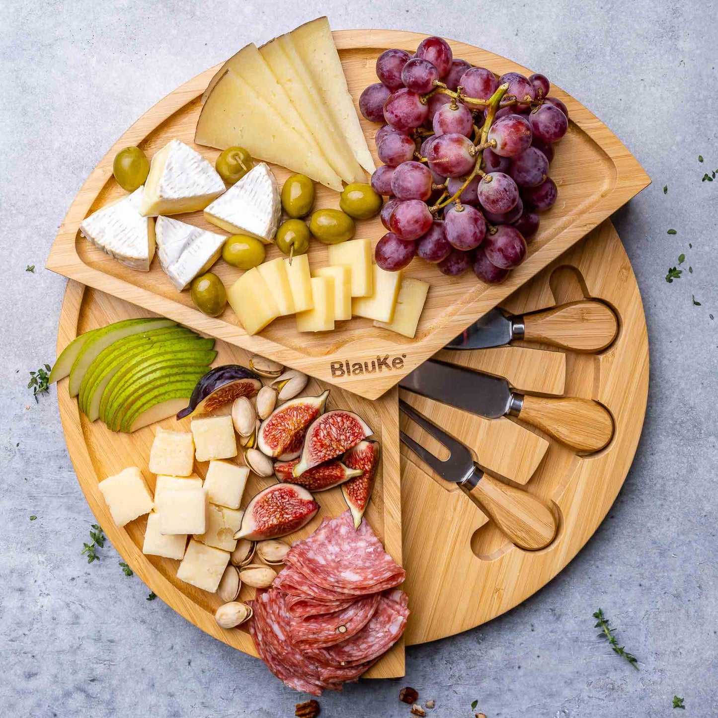 Bamboo Cheese Board and Knife Set - 14 Inch Swiveling Charcuterie Board with Slide-Out Drawer - Cheese Serving Platter, Round Serving Tray-7