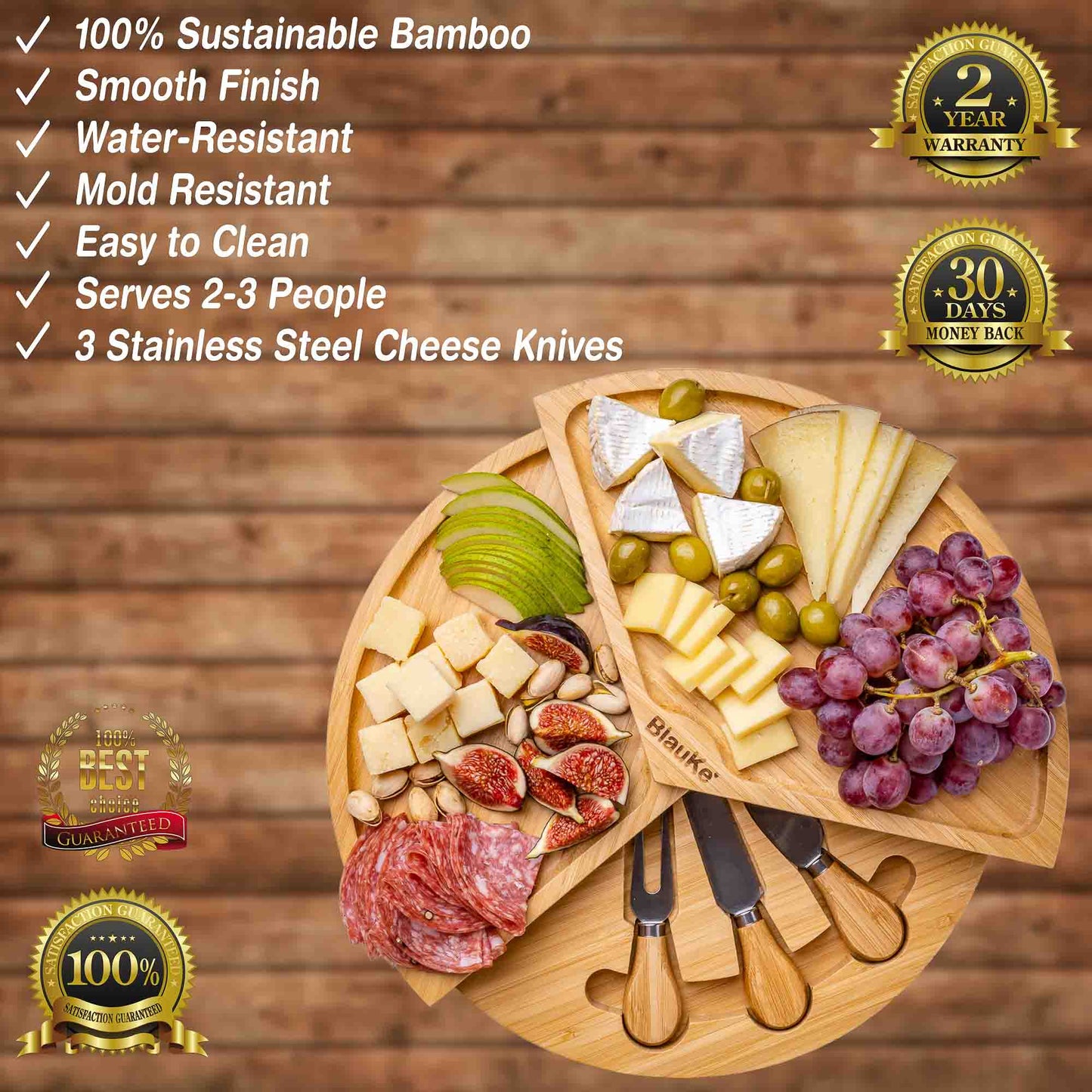 Bamboo Cheese Board and Knife Set - 14 Inch Swiveling Charcuterie Board with Slide-Out Drawer - Cheese Serving Platter, Round Serving Tray-1