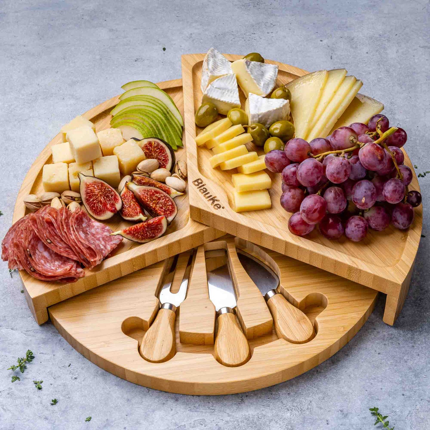 Bamboo Cheese Board and Knife Set - 14 Inch Swiveling Charcuterie Board with Slide-Out Drawer - Cheese Serving Platter, Round Serving Tray-8