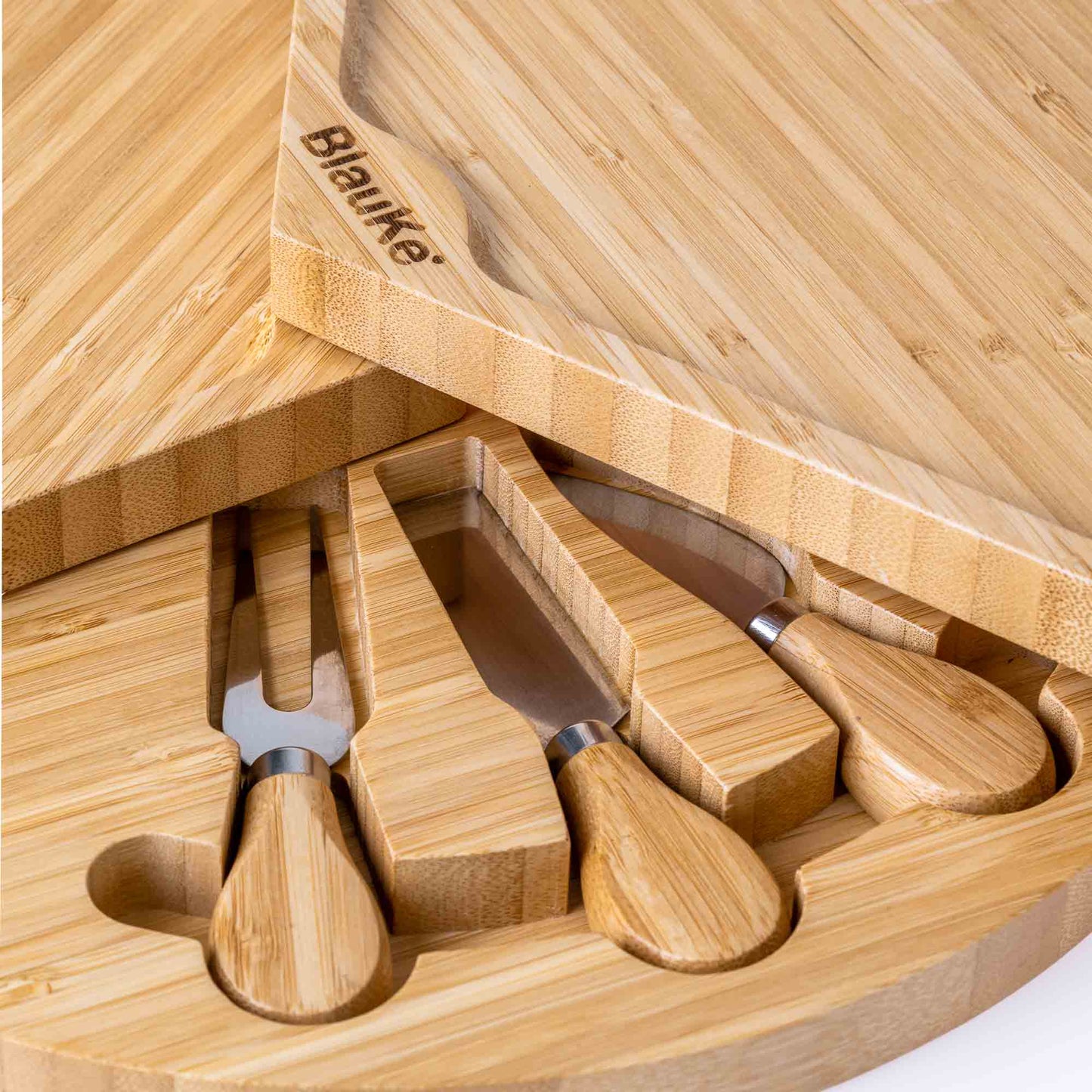 Bamboo Cheese Board and Knife Set - 14 Inch Swiveling Charcuterie Board with Slide-Out Drawer - Cheese Serving Platter, Round Serving Tray-10