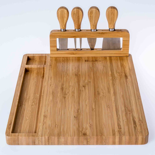 Bamboo Cheese Board and Knife Set - 14x11 inch Charcuterie Board with 4 Cheese Knives - Wood Serving Tray-10