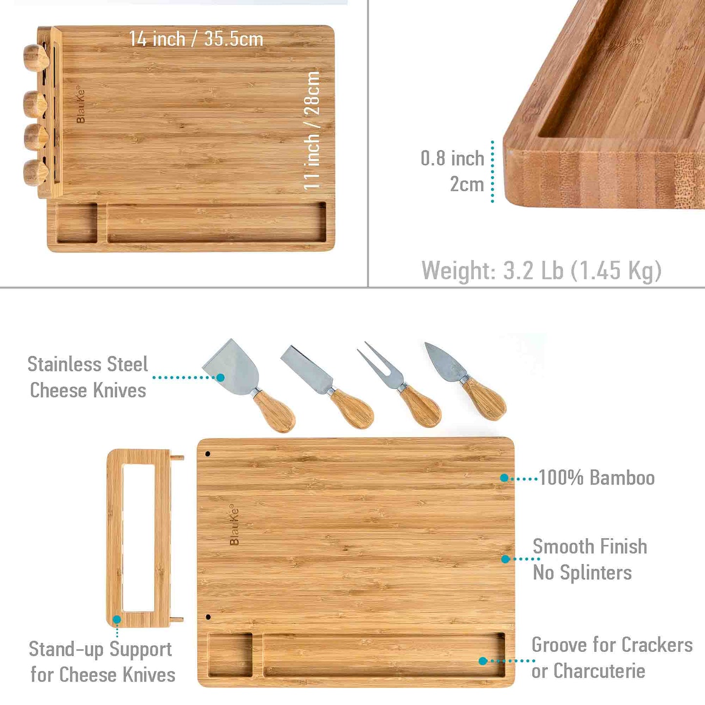 Bamboo Cheese Board and Knife Set - 14x11 inch Charcuterie Board with 4 Cheese Knives - Wood Serving Tray-2