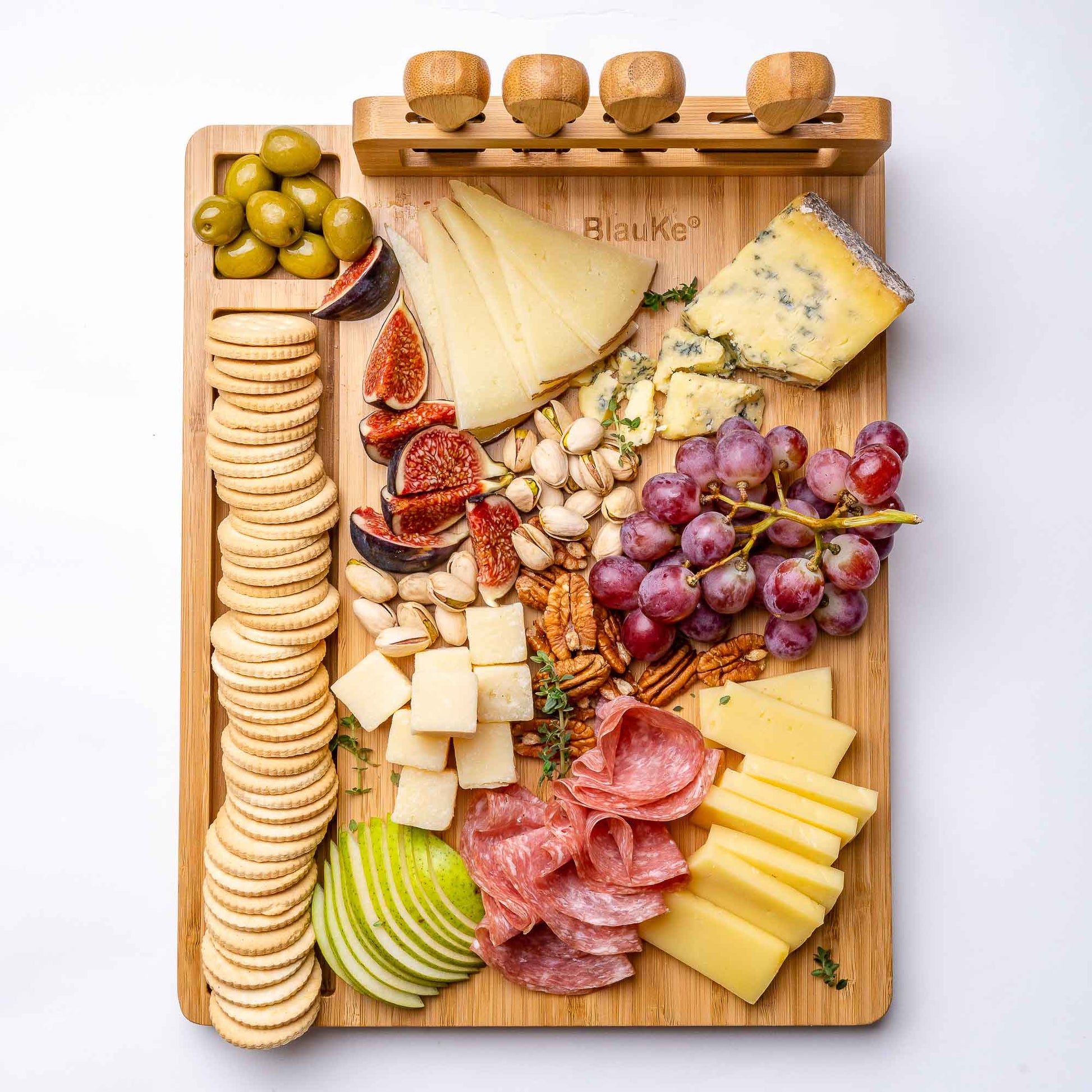 Bamboo Cheese Board and Knife Set - 14x11 inch Charcuterie Board with 4 Cheese Knives - Wood Serving Tray-14
