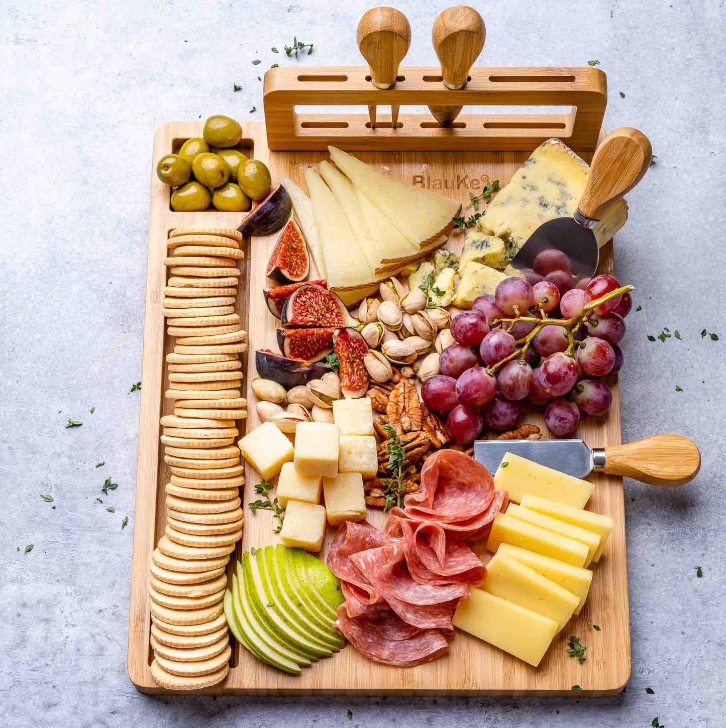 Bamboo Cheese Board and Knife Set - 14x11 inch Charcuterie Board with 4 Cheese Knives - Wood Serving Tray-6