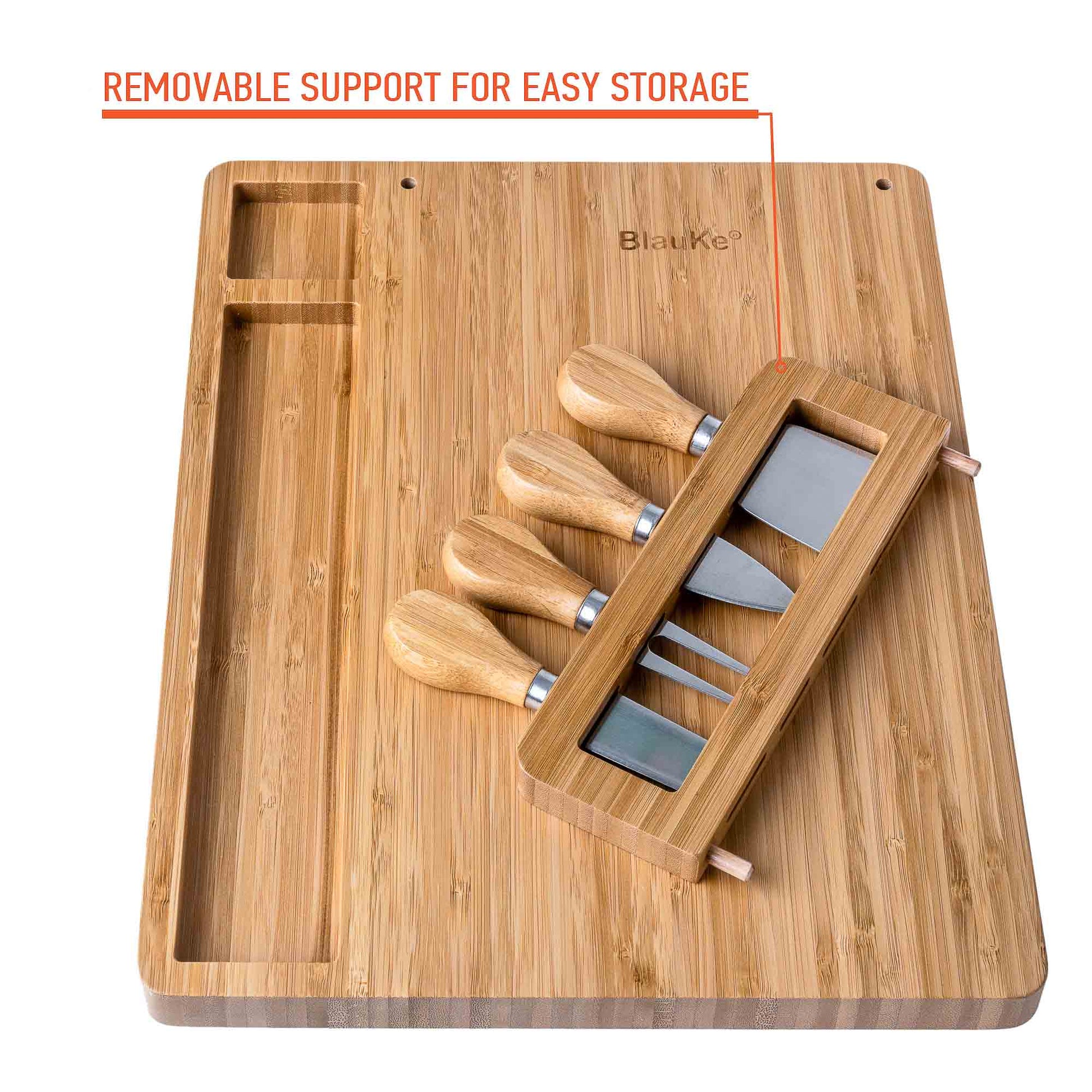 Bamboo Cheese Board and Knife Set - 14x11 inch Charcuterie Board with 4 Cheese Knives - Wood Serving Tray-11
