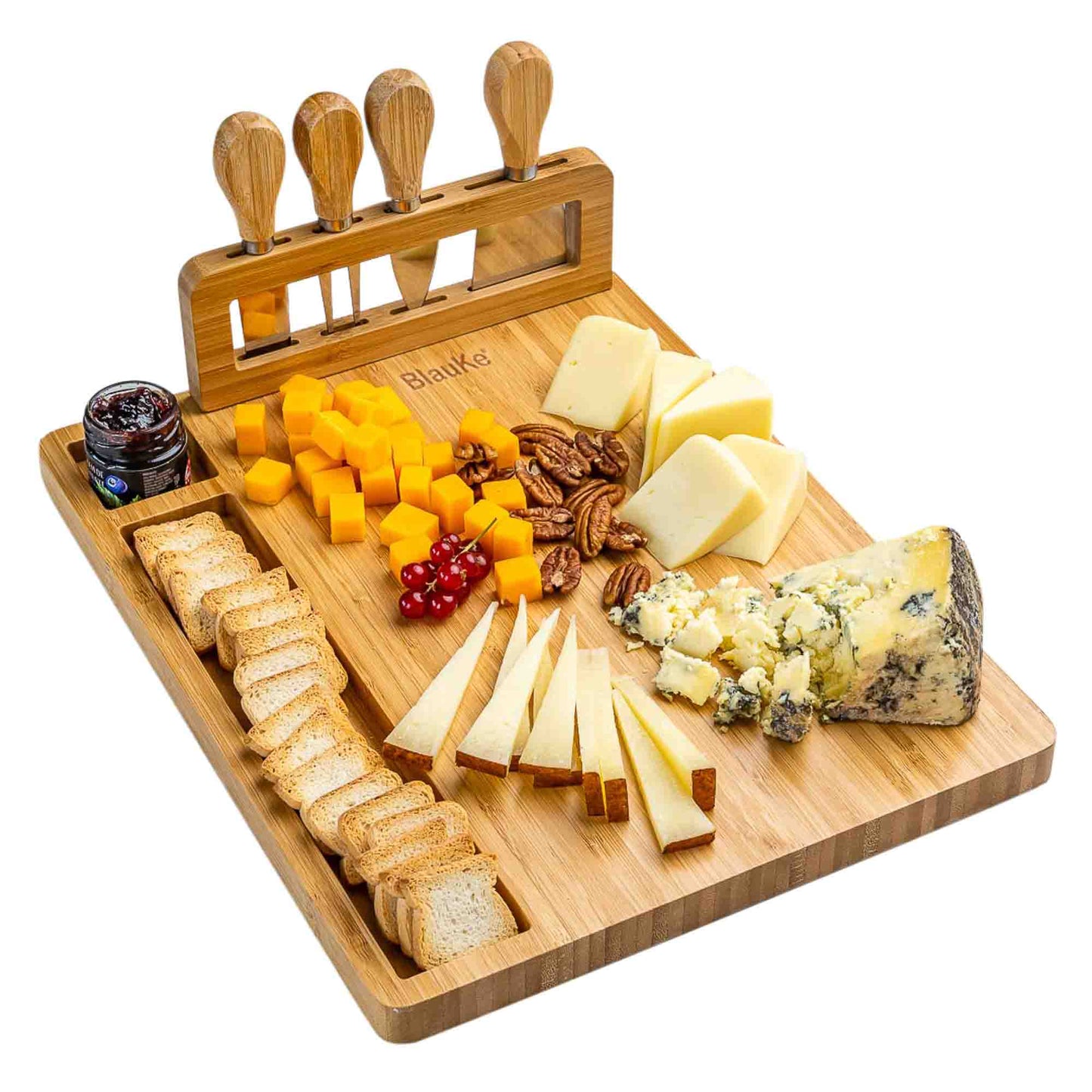 Bamboo Cheese Board and Knife Set - 14x11 inch Charcuterie Board with 4 Cheese Knives - Wood Serving Tray-0