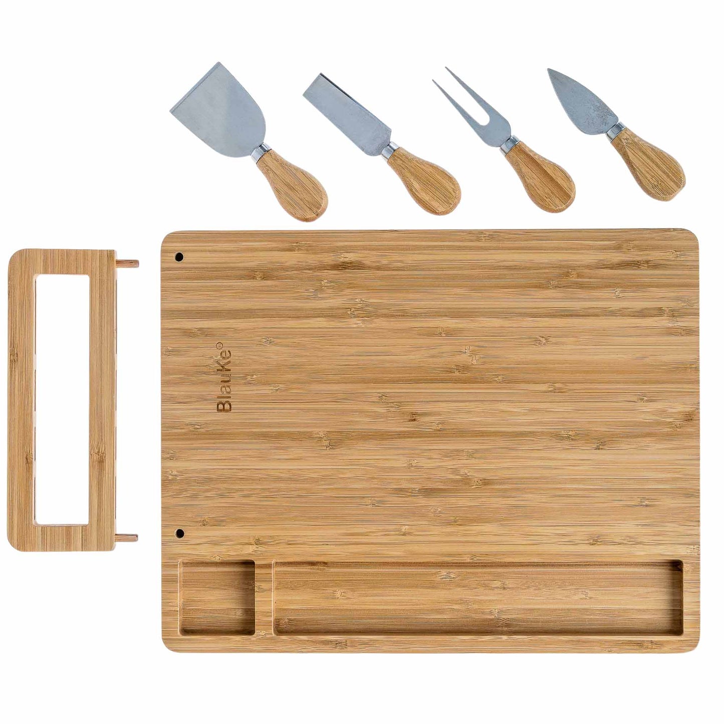 Bamboo Cheese Board and Knife Set - 14x11 inch Charcuterie Board with 4 Cheese Knives - Wood Serving Tray-13