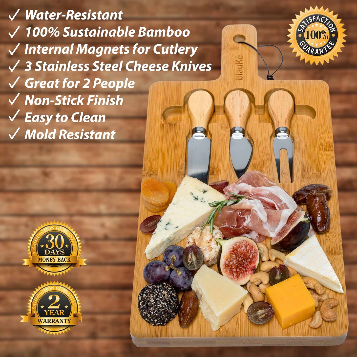 Bamboo Cheese Board and Knife Set - 12x8 inch Charcuterie Board with Magnetic Cutlery Storage - Wood Serving Tray with Handle-1