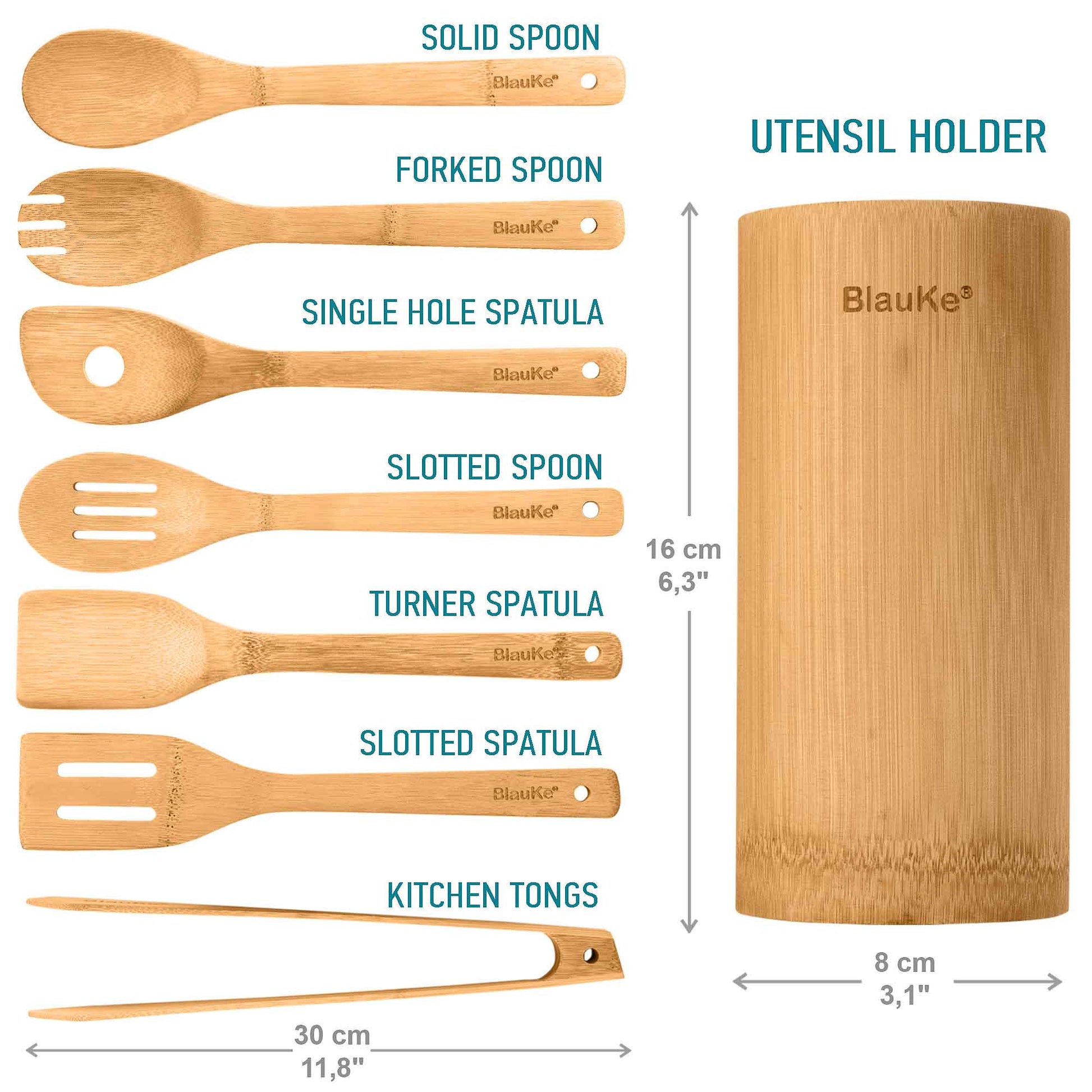 Bamboo Kitchen Utensils Set 8-Pack - Wooden Cooking Utensils for Nonstick Cookware - Wooden Cooking Spoons, Spatulas, Turner, Tongs, Utensil Holder-2