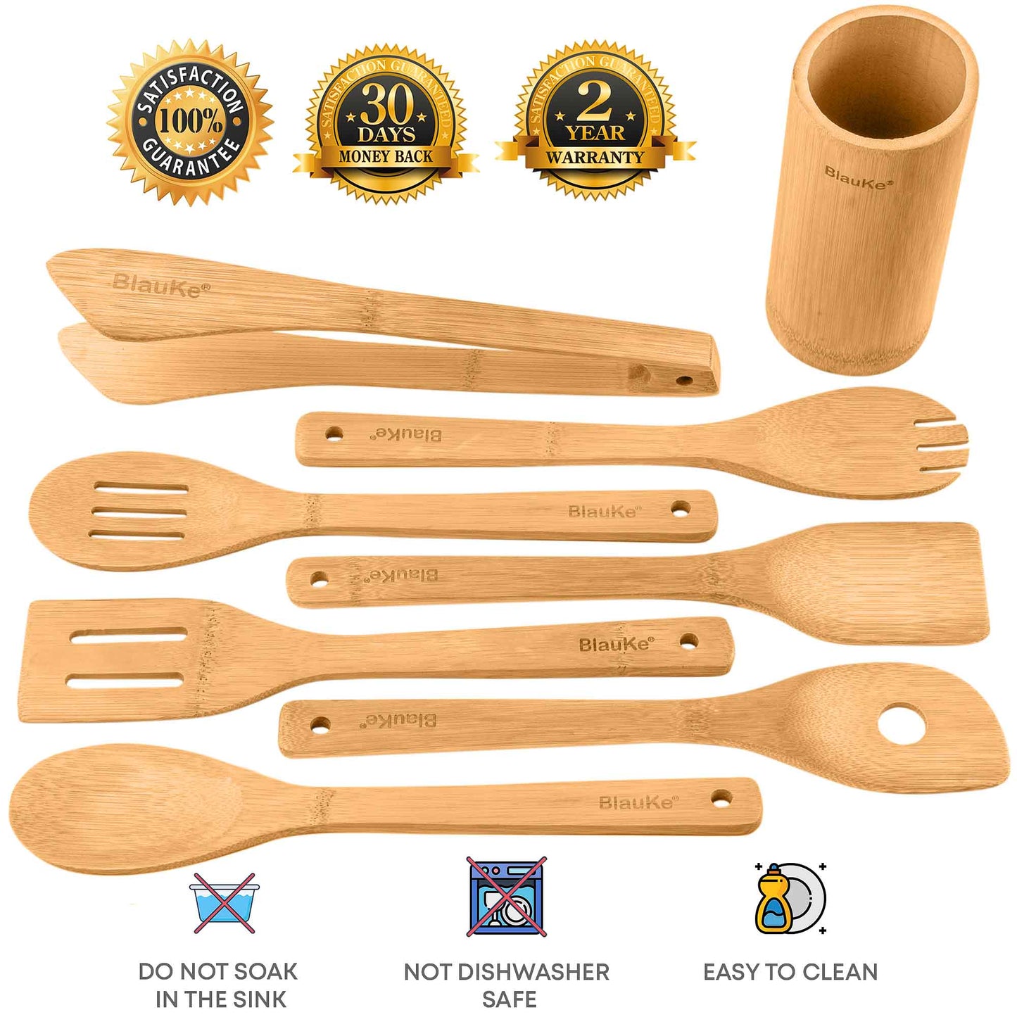 Bamboo Kitchen Utensils Set 8-Pack - Wooden Cooking Utensils for Nonstick Cookware - Wooden Cooking Spoons, Spatulas, Turner, Tongs, Utensil Holder-1
