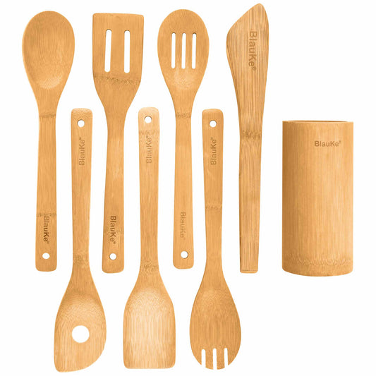 Bamboo Kitchen Utensils Set 8-Pack - Wooden Cooking Utensils for Nonstick Cookware - Wooden Cooking Spoons, Spatulas, Turner, Tongs, Utensil Holder-0
