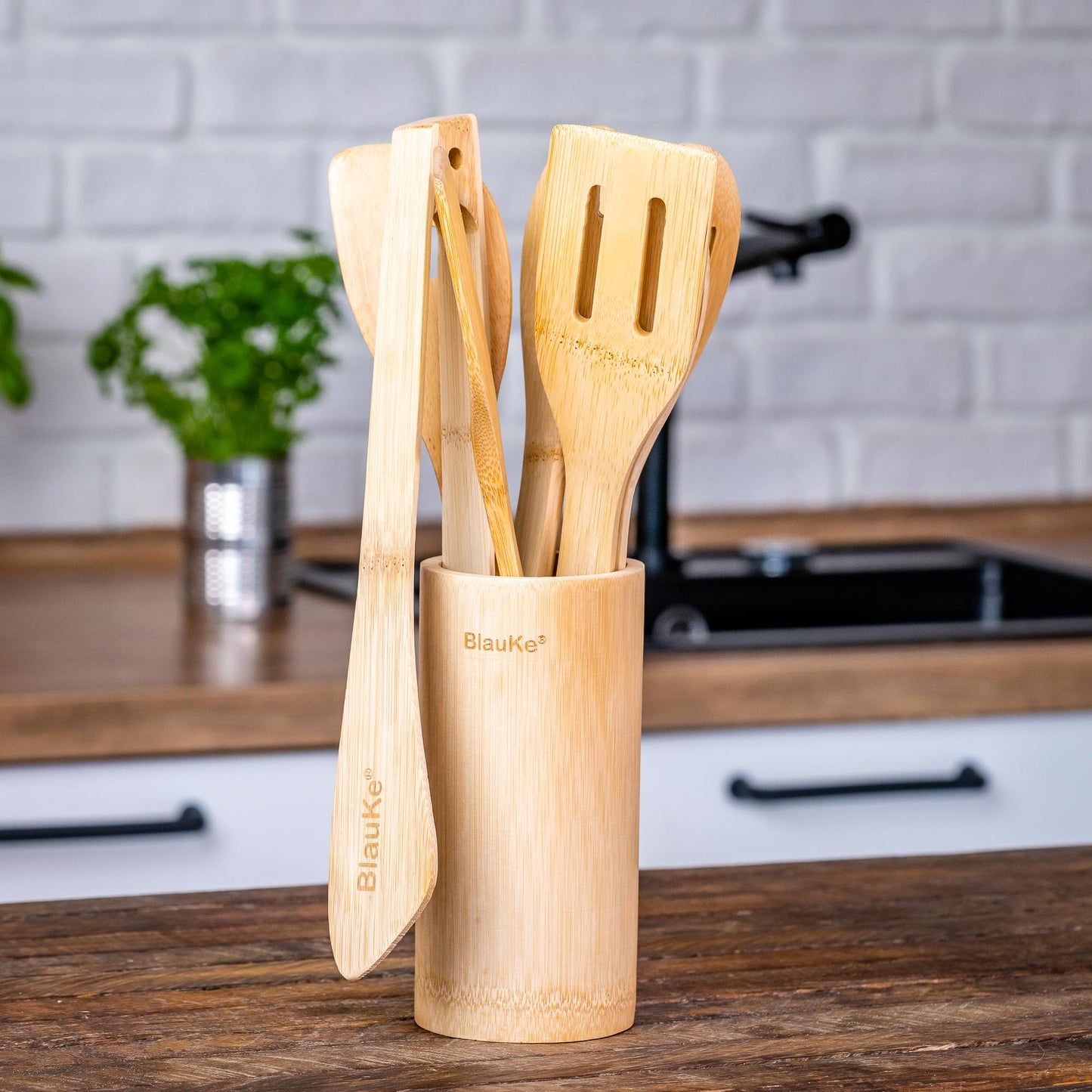 Bamboo Kitchen Utensils Set 8-Pack - Wooden Cooking Utensils for Nonstick Cookware - Wooden Cooking Spoons, Spatulas, Turner, Tongs, Utensil Holder-7