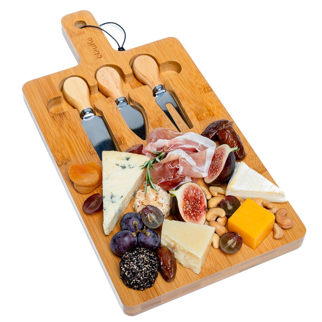 Bamboo Cheese Board and Knife Set - 12x8 inch Charcuterie Board with Magnetic Cutlery Storage - Wood Serving Tray with Handle-0