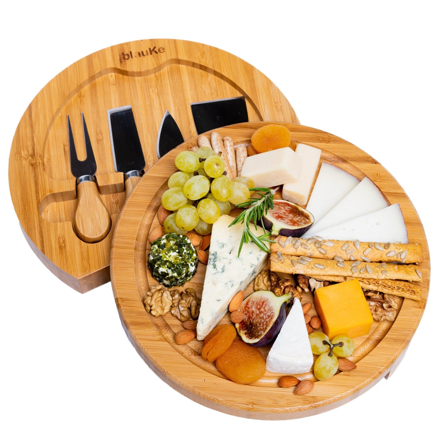 Bamboo Cheese Board and Knife Set - 10 Inch Swiveling Charcuterie Board with Slide-Out Drawer-0