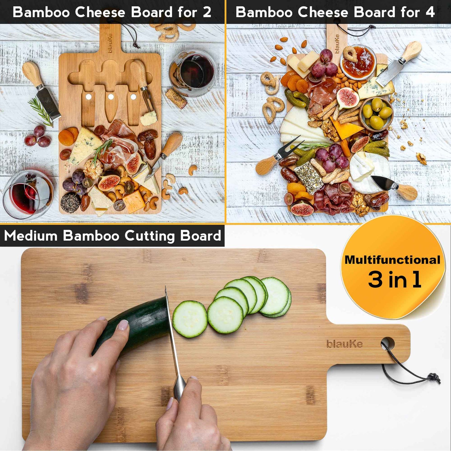 Bamboo Cheese Board and Knife Set - 12x8 inch Charcuterie Board with Magnetic Cutlery Storage - Wood Serving Tray with Handle-6