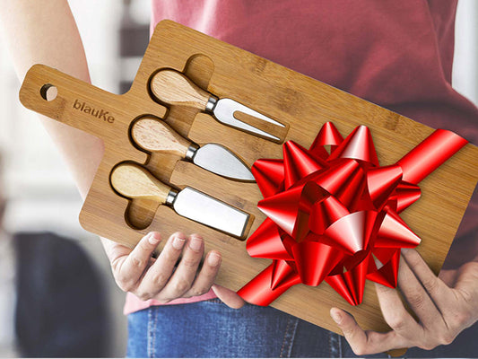 Bamboo Cheese Board and Knife Set - 12x8 inch Charcuterie Board with Magnetic Cutlery Storage - Wood Serving Tray with Handle-11