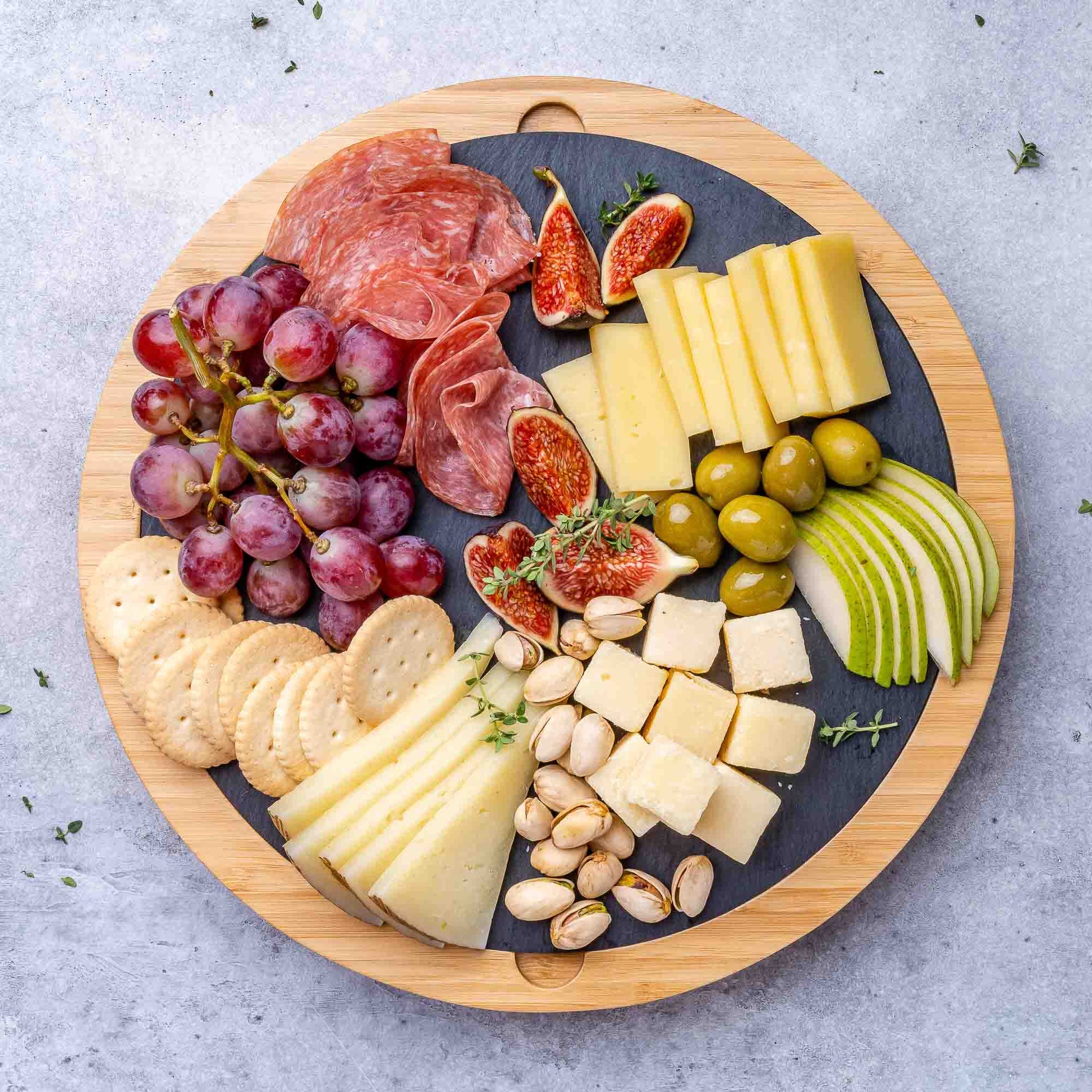Round Bamboo Cheese Board with Knife Set and Removable Slate - 12 inch Swiveling Charcuterie Board-8