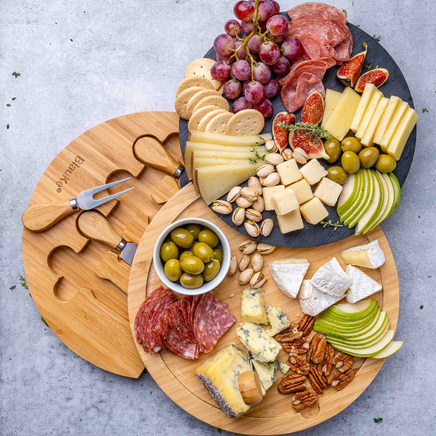 Round Bamboo Cheese Board with Knife Set and Removable Slate - 12 inch Swiveling Charcuterie Board-3
