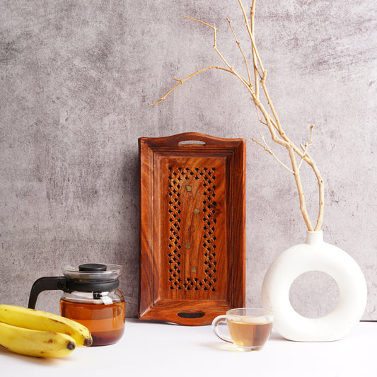 Handcrafted Sheesham Wood With Brass Work Serving Tray