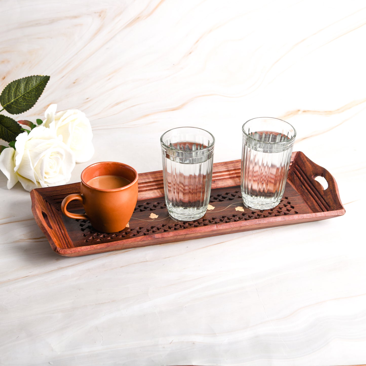 Handcrafted Sheesham Wood With Brass Work Serving Tray Table Decor (Combo of Tiple Product Set)