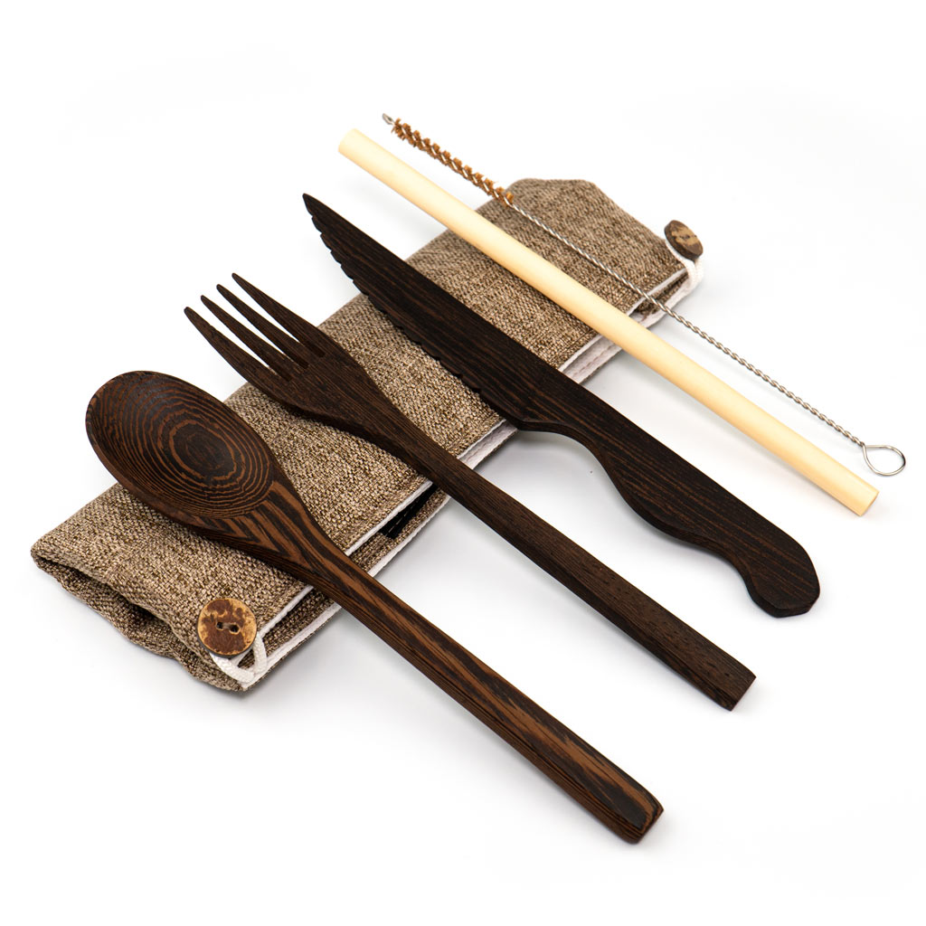 Dark Wood Cutlery Set (Dark grey bag)-10