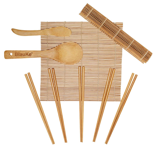 Bamboo Sushi Making Kit with 2 Sushi Rolling Mats, 5 Pairs of Reusable Bamboo Chopsticks, 1 Rice Paddle and 1 Spreader - Beginner Sushi Kit-0