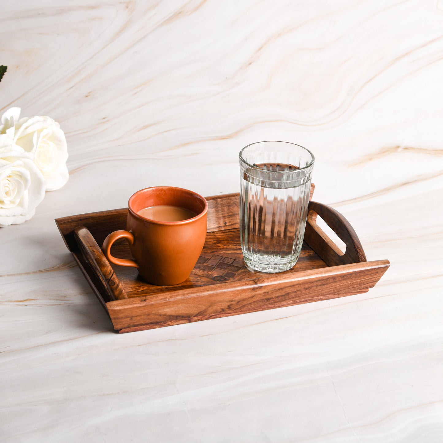 Handcrafted Premium Mahogany Finish Wooden Coffee Tray (Combo of Tiple Product Set-Small, Medium & Large Size)
