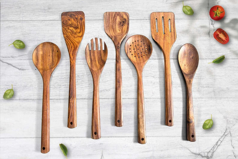 Rosewood Kitchen Utensil Set with Holder, 7-Piece Wooden Spoon Set 100% Toxic Free for kitchenware Wood Utensils for Kitchen Gift for her