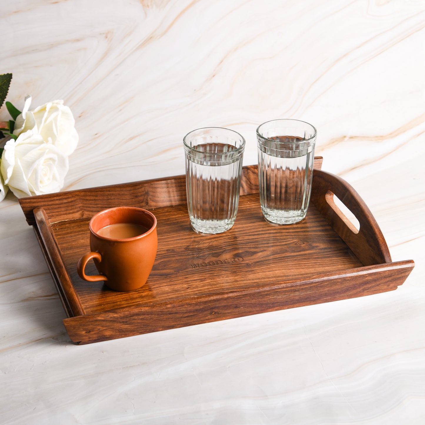 Handcrafted Premium Mahogany Finish Wooden Coffee Tray